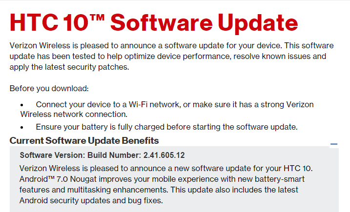 Verizon HTC 10 Android 7.0 Nougat update now rolling out, build 2.41.605.12