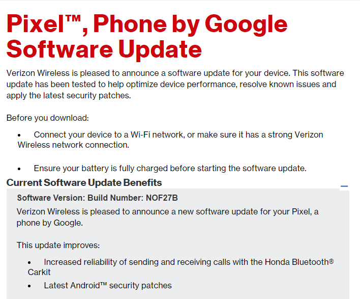 Verizon Pixel and Pixel XL update brings March security patch and bluetooth fix, build NOF27B