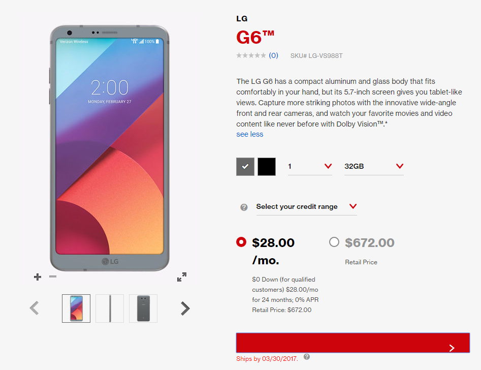 Verizon LG G6 goes on pre-order, to ship by the end of March