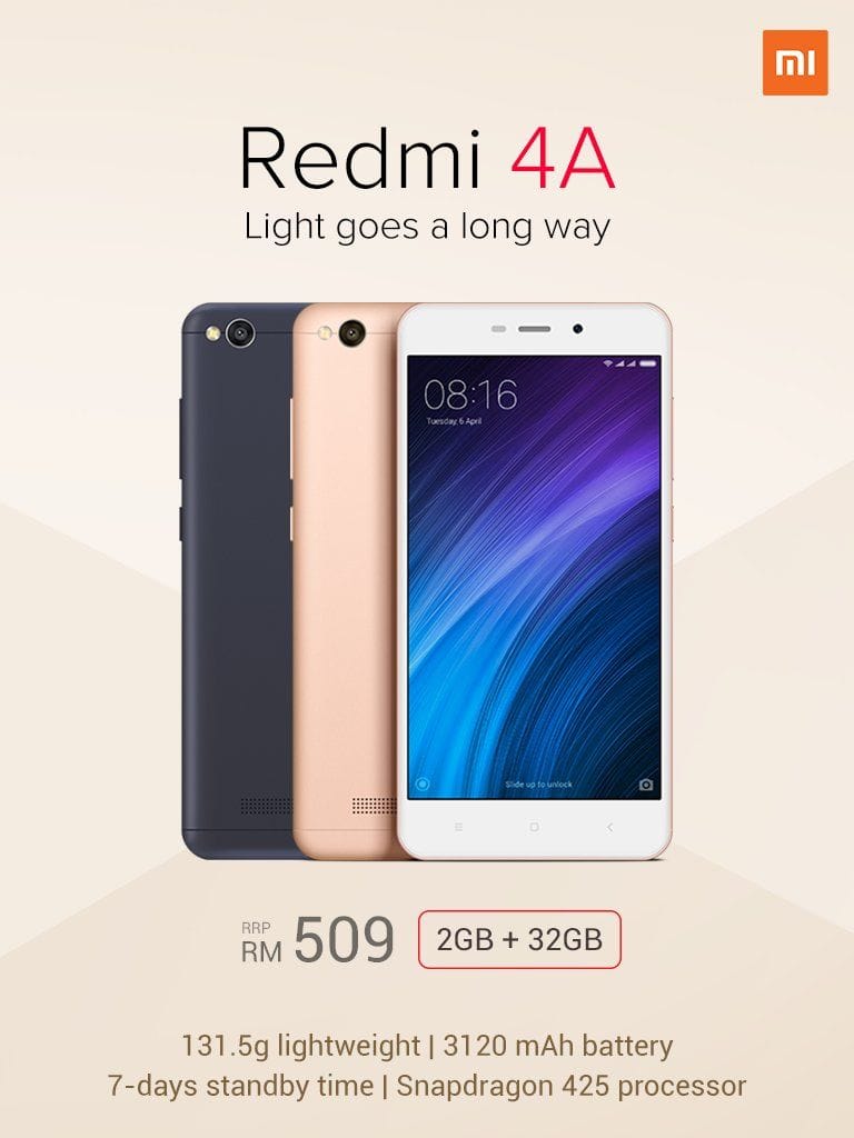 Xiaomi Redmi 4A 32GB launching in Malaysia on 18th March, priced RM 590