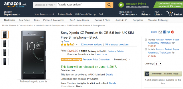 Sony Xperia XZ Premium pre-order begins in UK for £649, will begin shipping in June