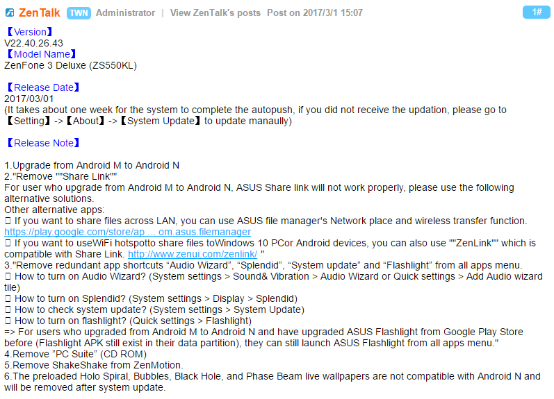 Asus Zenfone 3 Deluxe Nougat update now rolling out, build 22.40.26.43