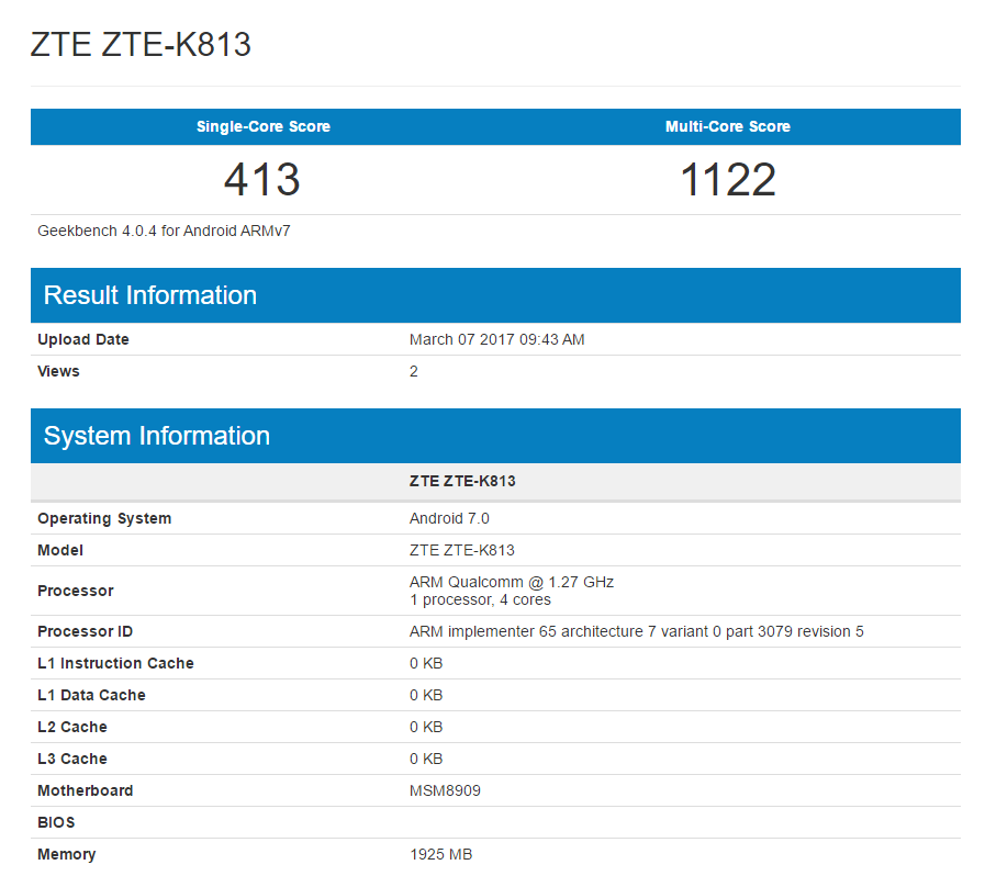 ZTE K813 spotted on GeekBench running Android 7.0 Nougat