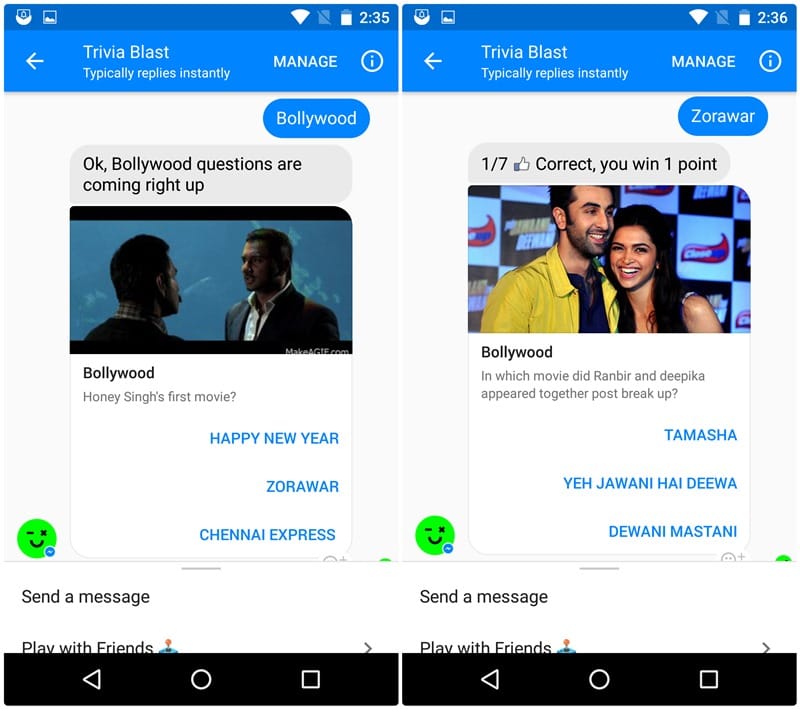 How to play Bollywood quiz game on the Facebook messenger