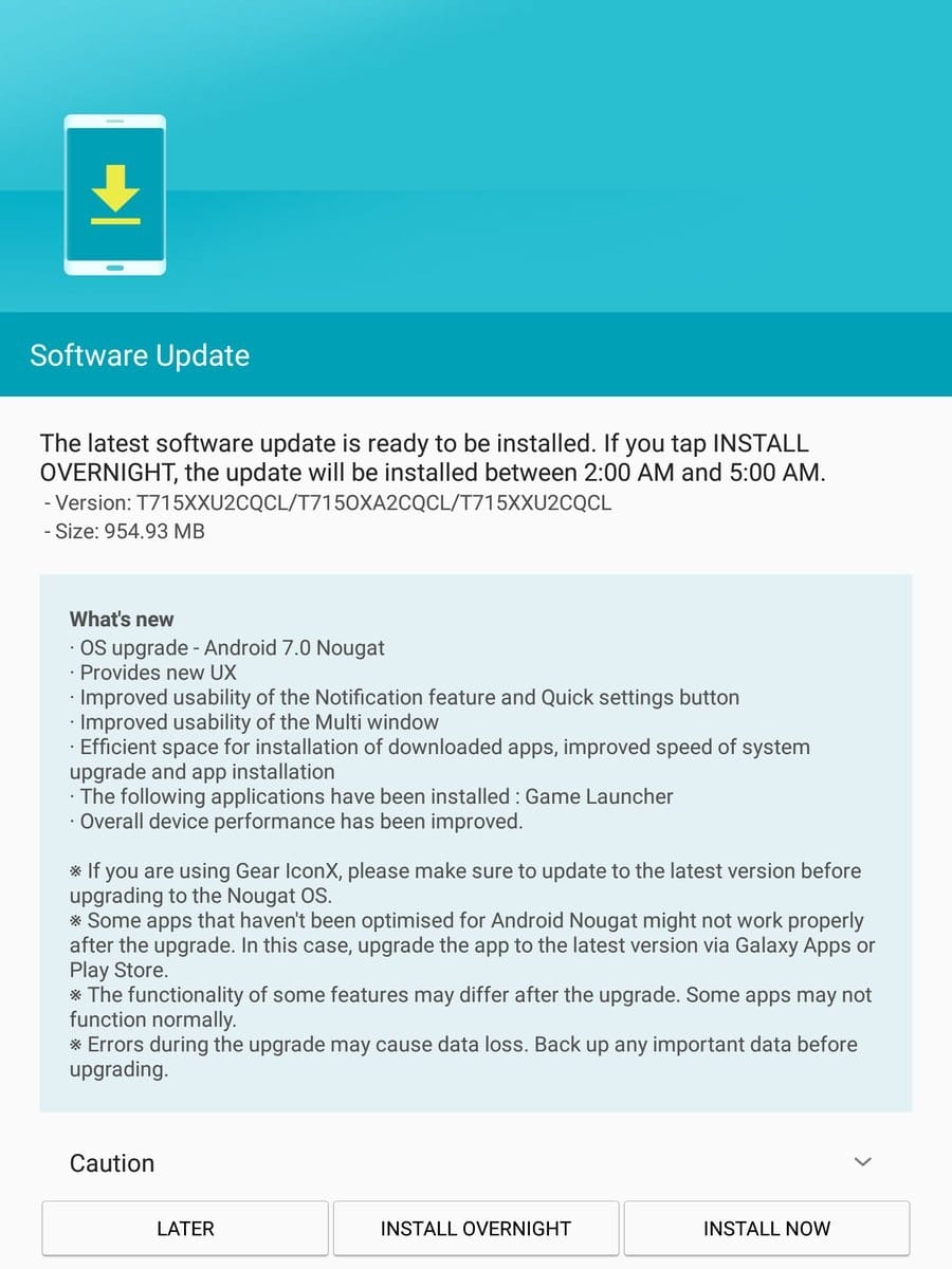 Samsung Galaxy Tab S2 Nougat update rolling with April security patch, build T715XXU2CQCL