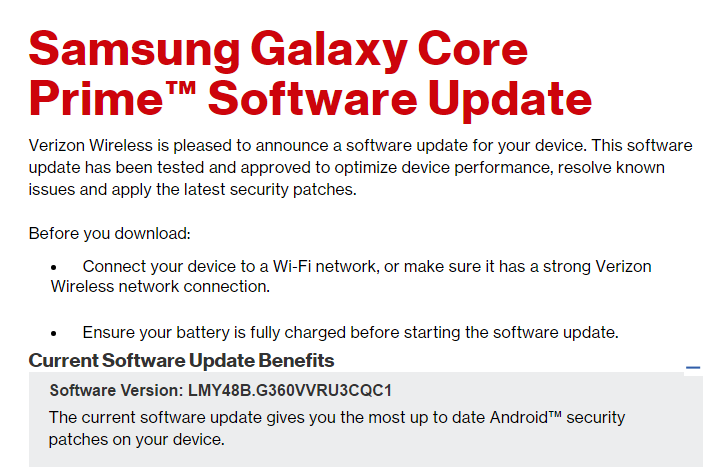 Verizon releases March security update for Galaxy Core Prime, build G360VVRU3CQC1