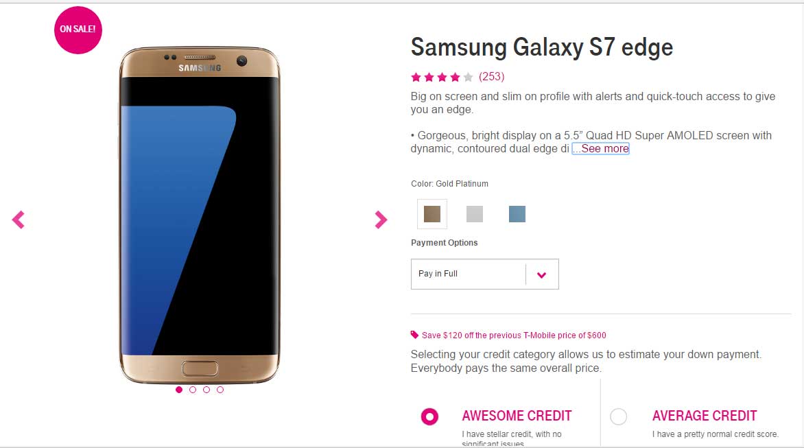 Deal: T-Mobile Galaxy S7 Edge is available for $480 (off by $120)