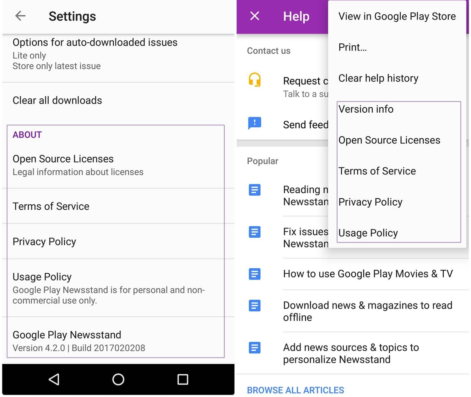 Google Play Newsstand relocates options under About to Help & feedback