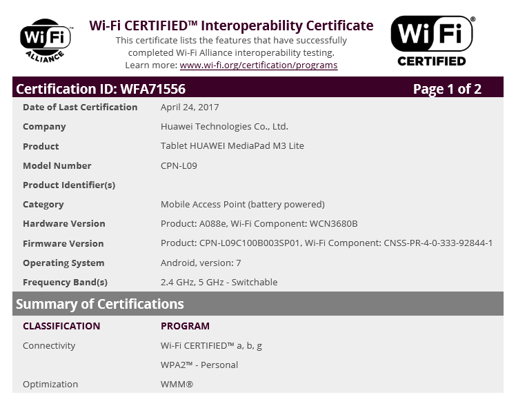 Huawei MediaPad M3 Lite certified by WiFi Alliance