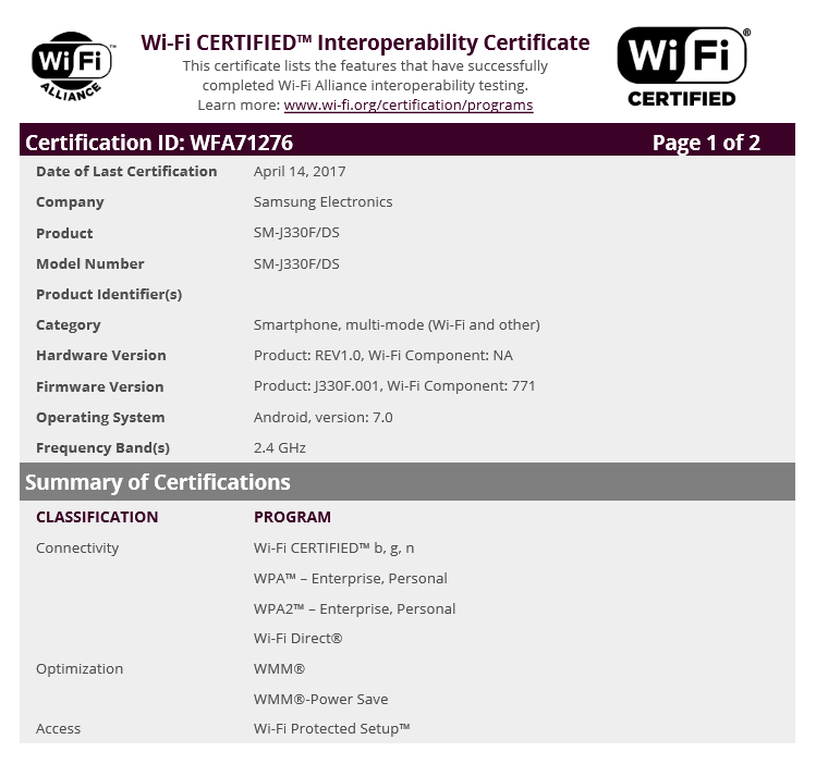 Galaxy J3 2017 (SM-J330F) certified by WiFi Alliance