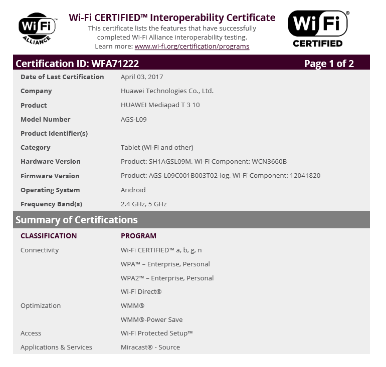 Huawei MediaPad T3 10-inch certififed by WiFi Alliance