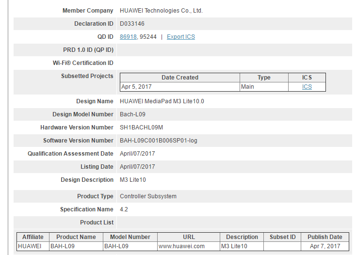 Huawei MediaPad M3 Lite 10.0 certfied by Bluetooth SIG