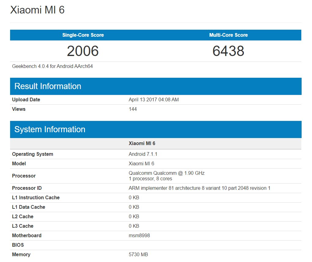 Xiaomi Mi6 specs revealed via GeekBench listing