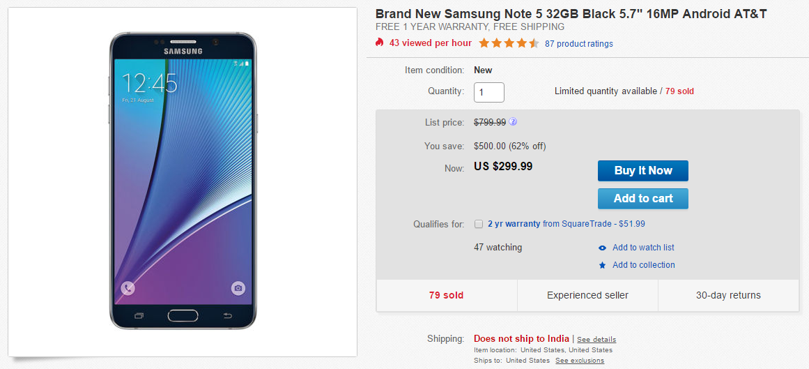 Deal: Get a brand new AT&T Galaxy Note 5 for $299 only on eBay