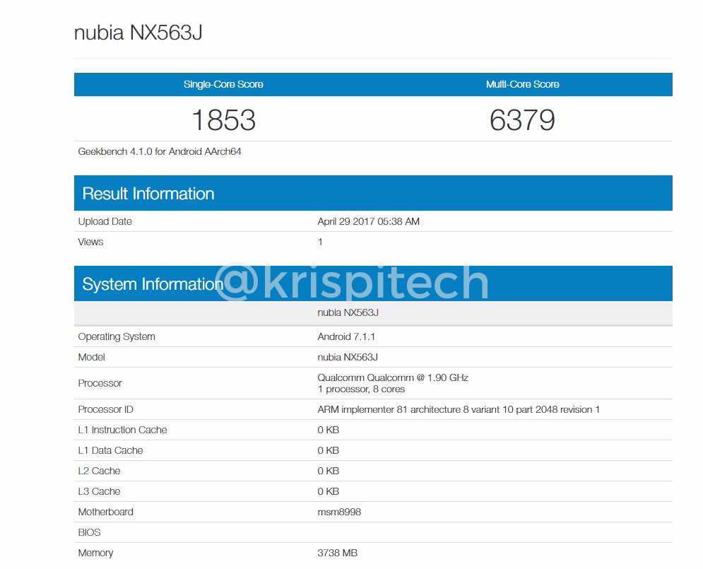 Nubia Z17 specs leaked via Geekbench listing, carries Snapdragon 835 processor