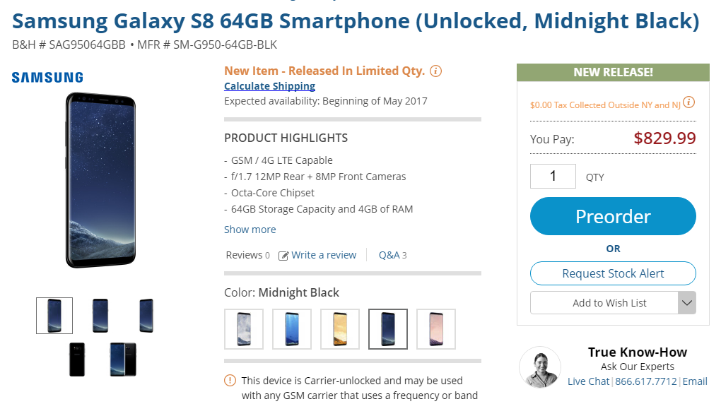 Unlocked Galaxy S8 and S8+ goes on pre-order at B&H, priced $830 and $930