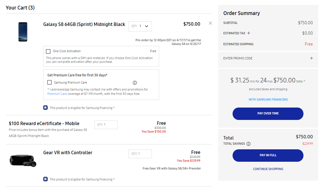 Deal: Pre-order Sprint Galaxy S8 or S8+ and get $100 reward E-certificate from Samsung