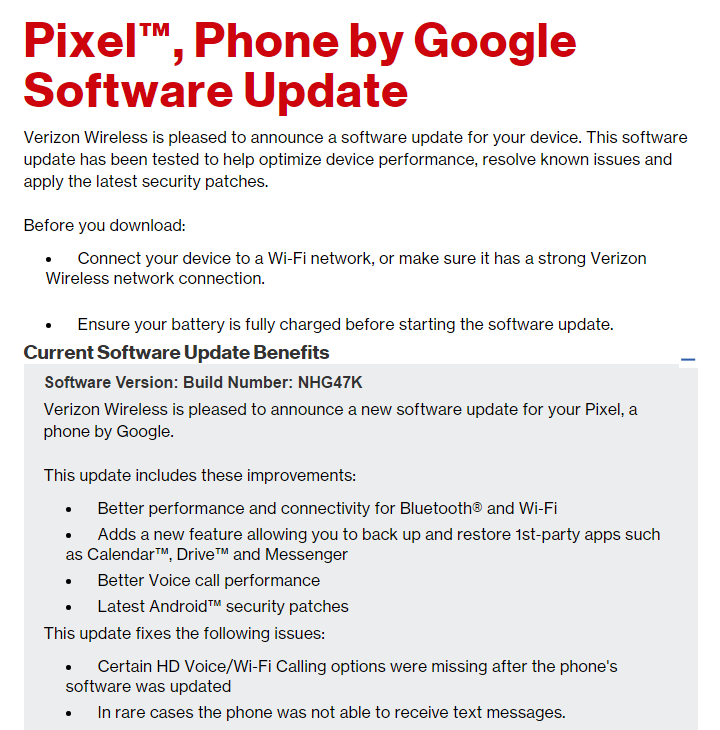 Verizon Pixel and Pixel XL OTA update rolling out with handful of improvements, build NHG47K