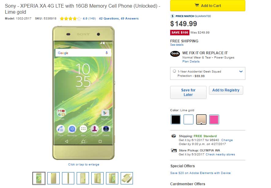 Deal: Xperia XA 4G LTE available for $150 on Best Buy, $100 off the regular price