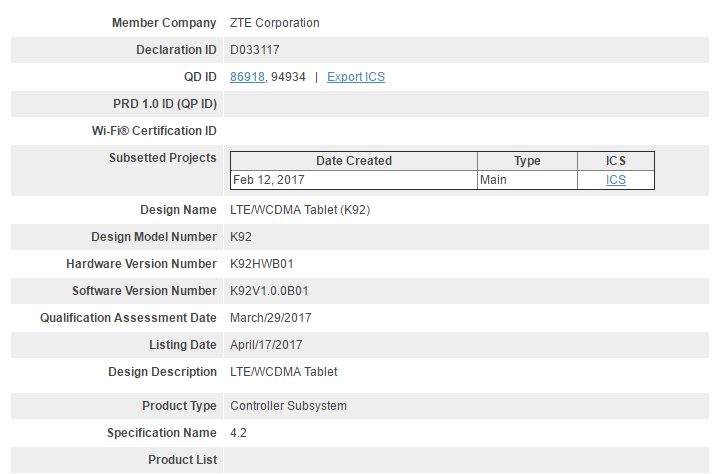 ZTE K92 Android tablet certified by Bluetooth SIG