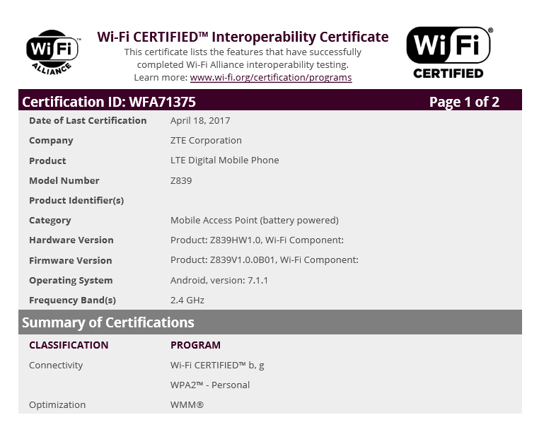 ZTE Z839 is an upcoming Android 7.1.1 device