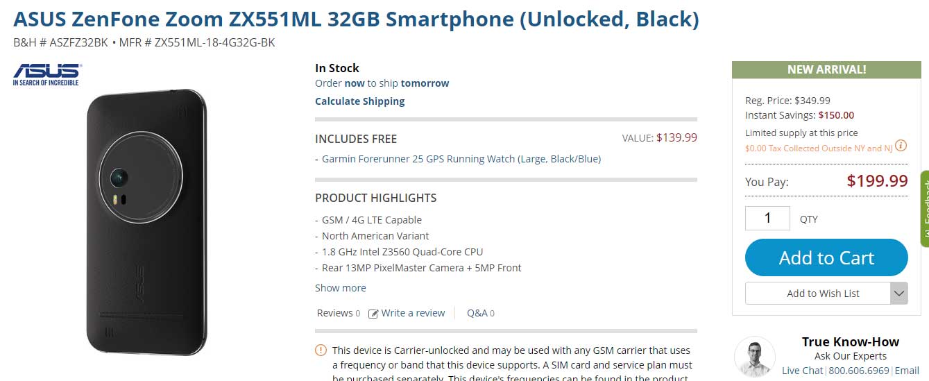 Deal: Asus Zenfone Zoom 32GB available for $200 at B&H, comes with free Garmin Forerunner 25 GPS running watch