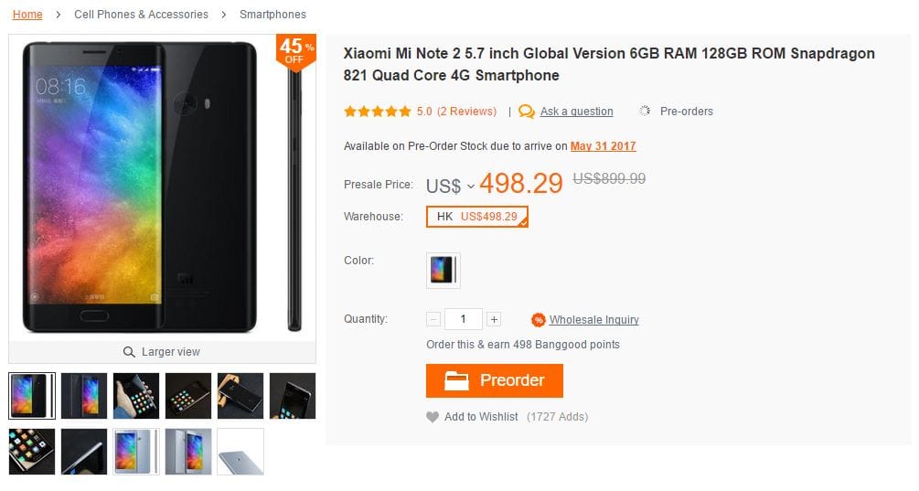 [Deal] Get a Xiaomi Mi Note 2 for as low as $430 and with free shipping