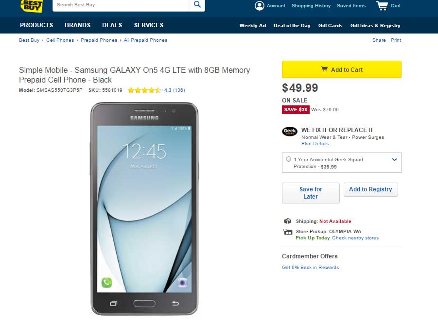 Deal: Galaxy On5 available for $50 only at Best Buy