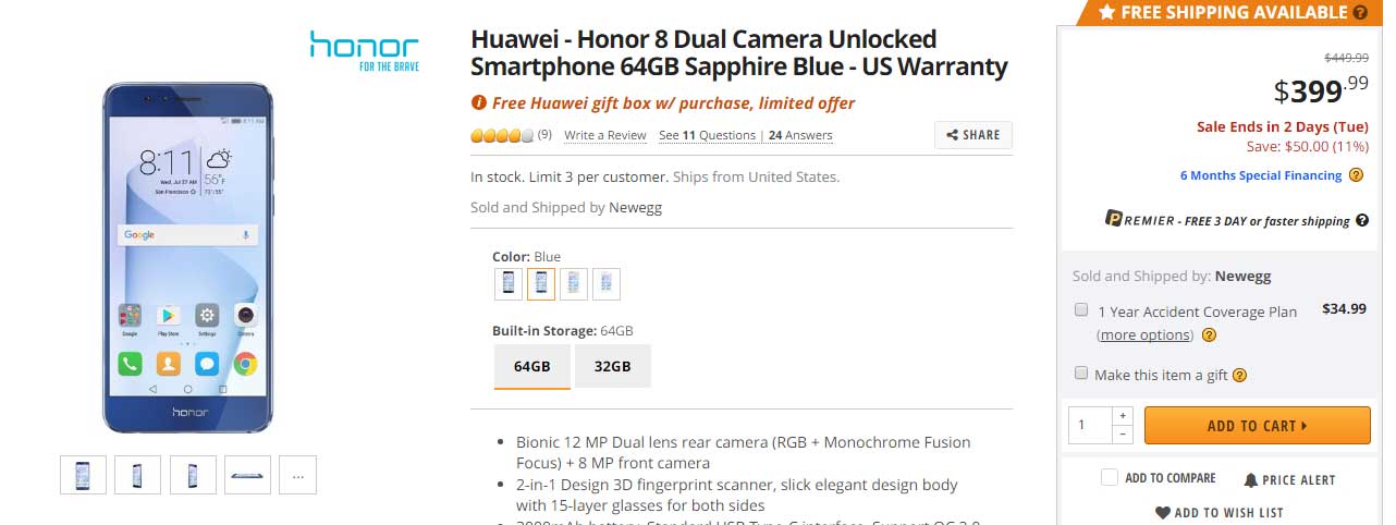 Deal: Get Blue Huawei Honor 8 64GB (with a free gift box) for $300 at Newegg