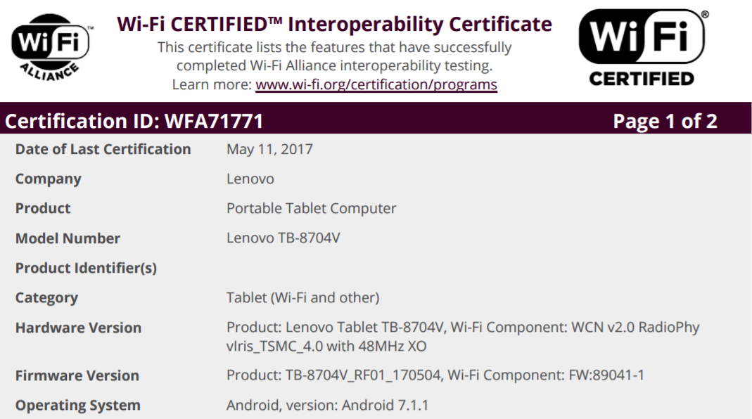 Lenovo TB-8704V Android tablet with Android 7.1.1 on-board clears Wi-Fi Alliance