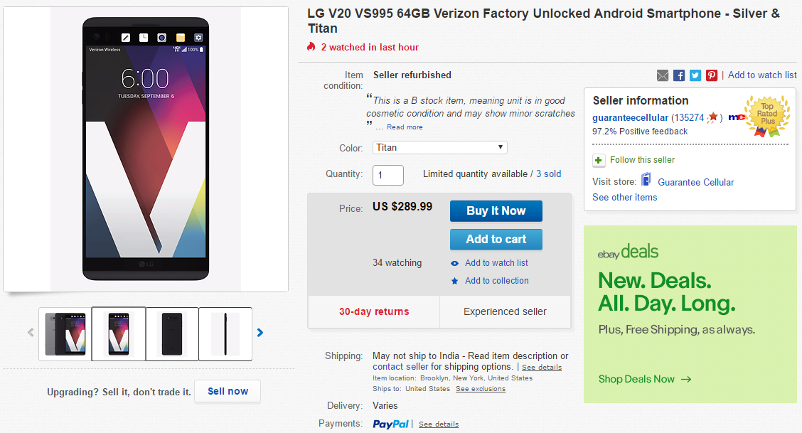 Hot Deal: Factory unlocked Verizon LG V20 64GB (refurbished) going for $290 at eBay