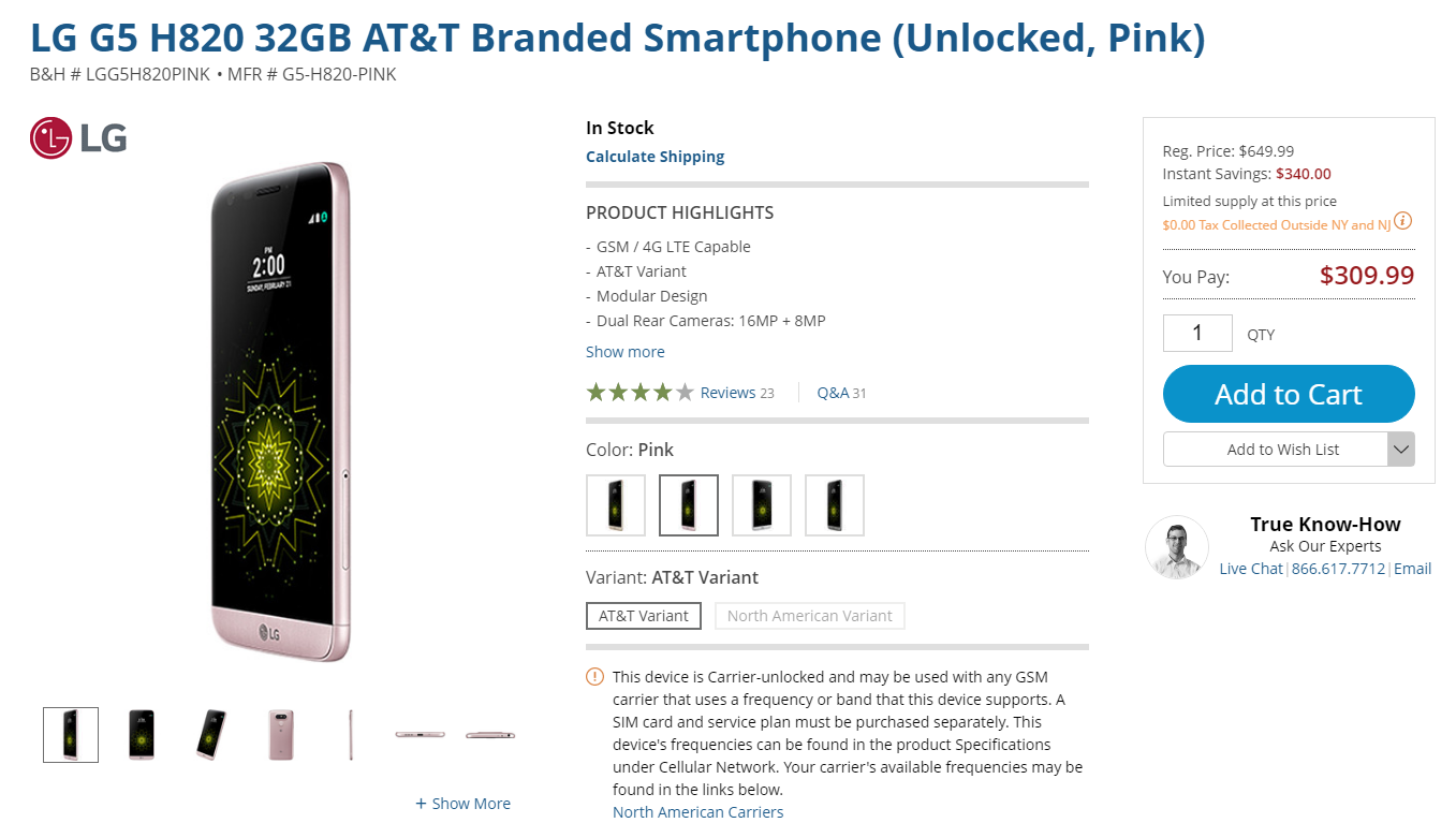 Deal: Unlocked LG G5 (RS998) available for $330 and unlocked AT&T variant available for $310 only at B&H