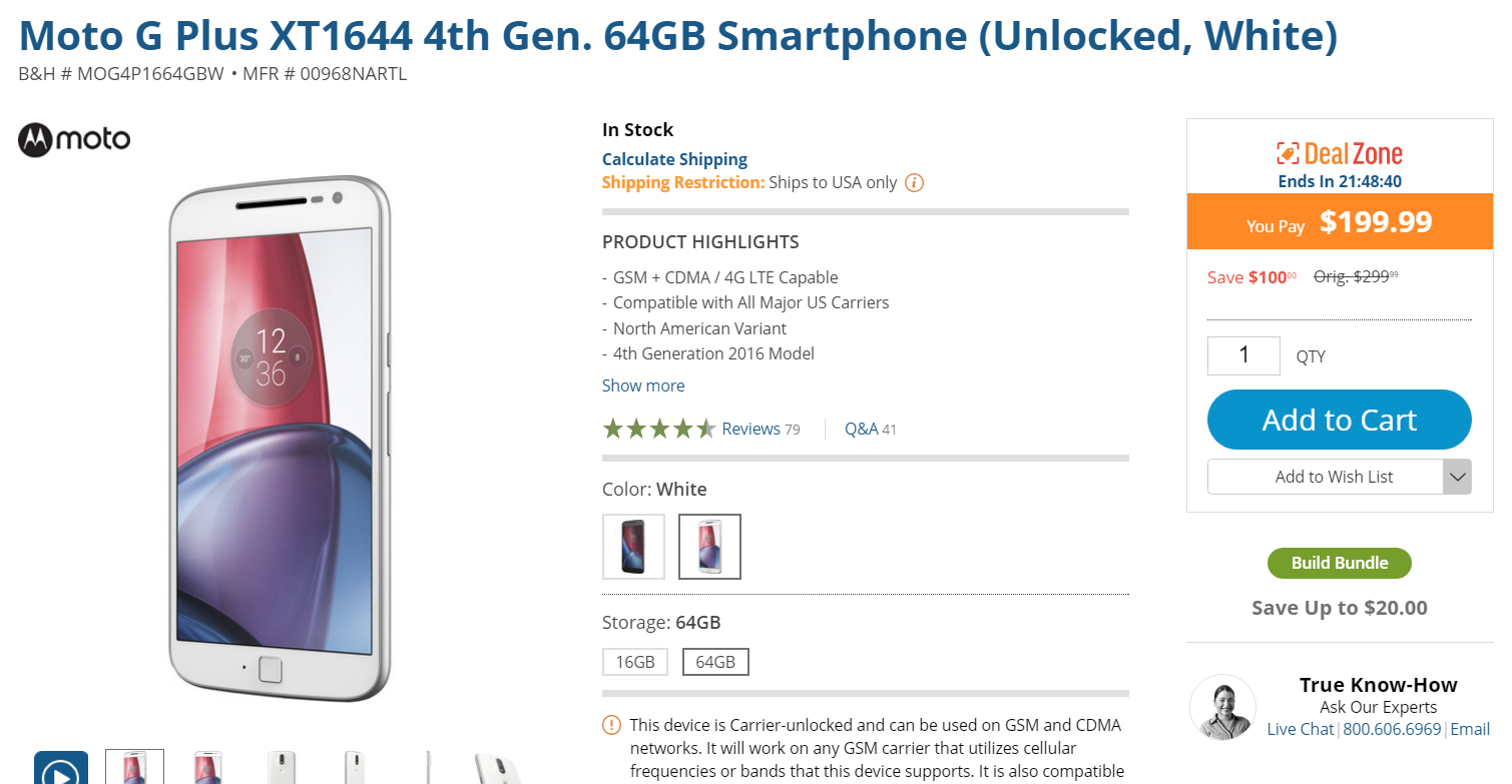 Deal: Moto G4 Plus 64GB available for $200 today at B&H