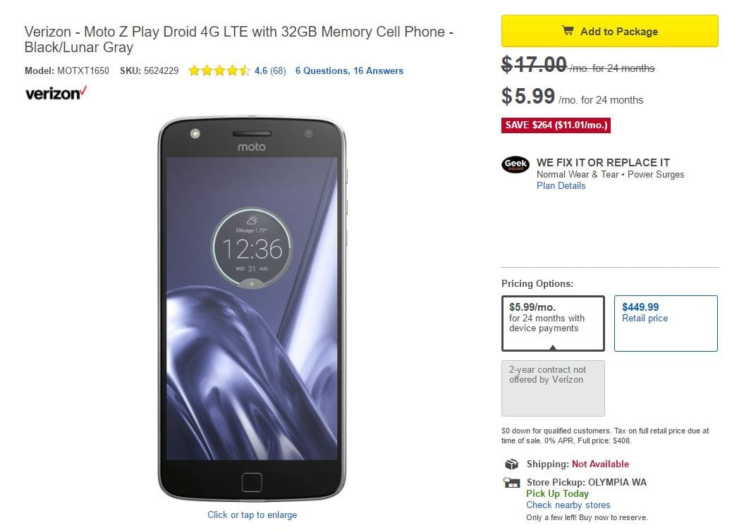 [Hot Deal] Grab a Verizon Moto Z Play for just $144 at Best Buy