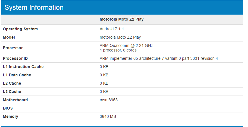 Motorola Moto Z2 Play benchmarks available at Geekbench, specs confirmed too