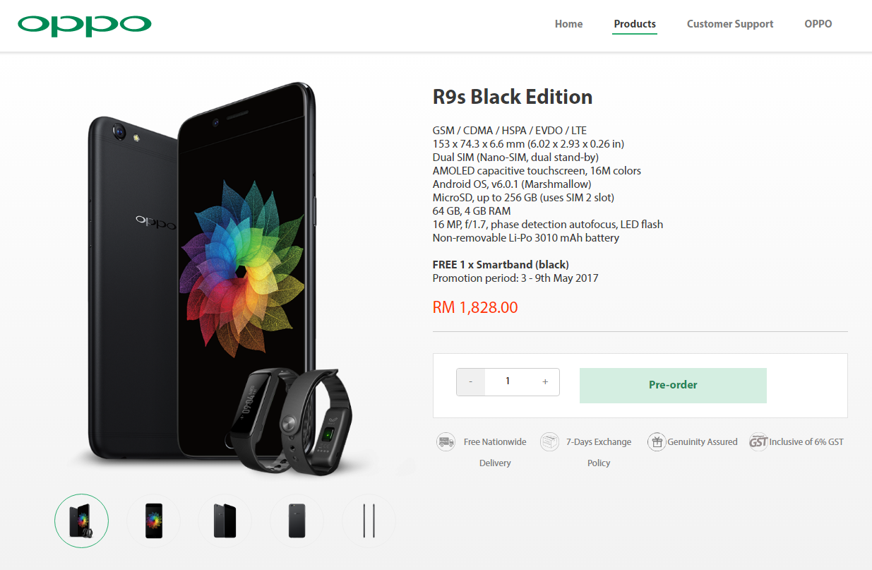 Oppo R9s Black Edition goes on pre-order in Malaysia for RM 1,828, comes with a free Olike Now 2 Smartband