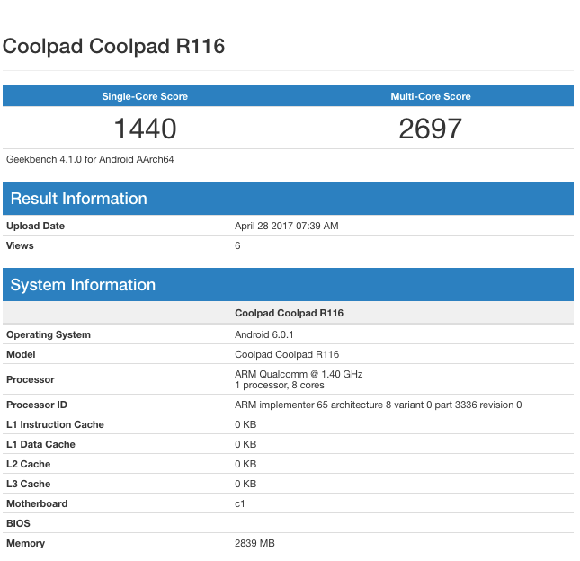 Coolpad R116 specs leaked via Geekbench