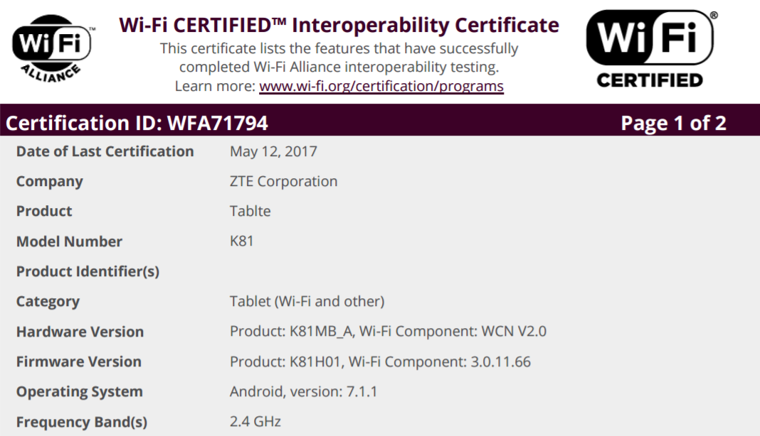 ZTE K81 Android 7.1.1 tablet shows up at Wi-Fi Alliance