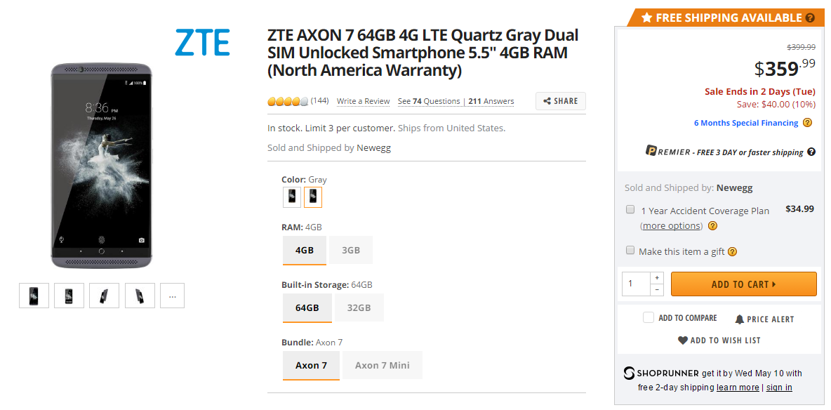 Deal: Get ZTE Axon 7 with 4GB RAM and 64GB storage for $330 at Newegg ($70 off)