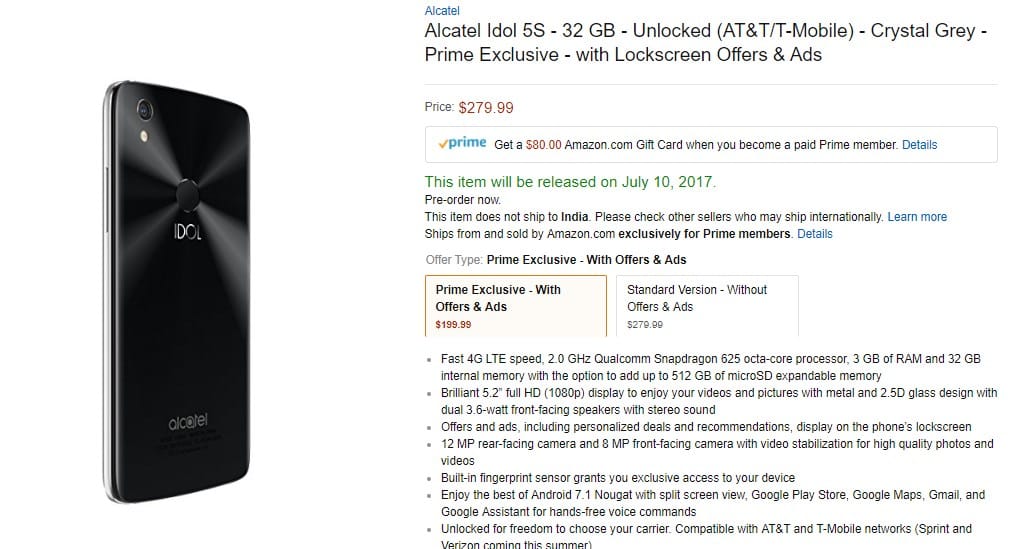 Alcatel Idol 5S launched at Amazon USA for $199.99/279.99 (with/without Ads)