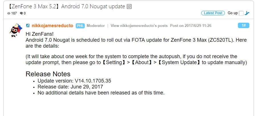 Asus Zenfone 3 Max (ZC520TL) now receiving Android 7.0 Nougat update