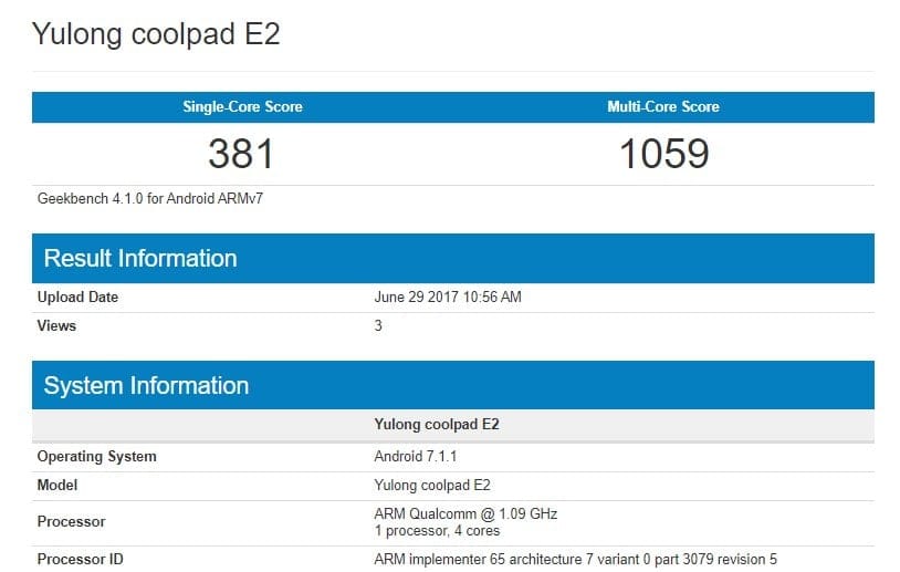 Coolpad E2 specs outed via GeekBench, features 2GB RAM, Snapdragon 210 chip and Android 7.1.1 Nougat