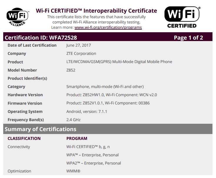 ZTE Z852 and Z9137 with Android 7.1.1 on-board appear at Wi-Fi Alliance