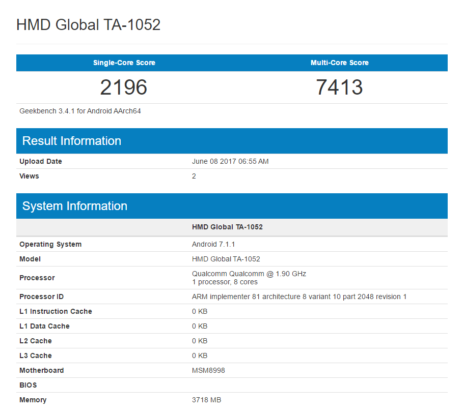 Nokia 9 with model TA-1052 spotted on Geekbench, features SD835, 4GB RAM and Android 7.1.1