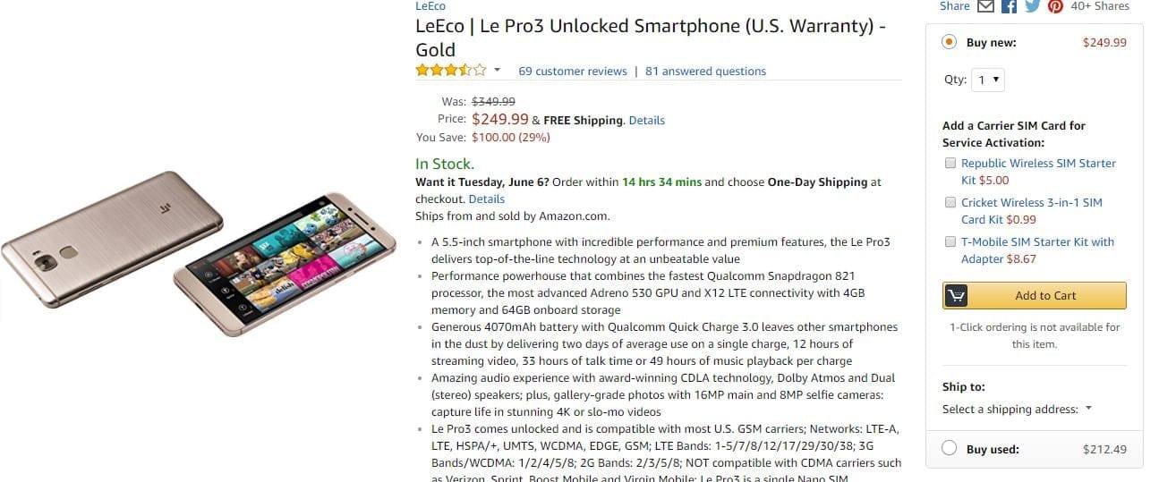 [Deal] Get a LeEco Le Pro 3 for just $250 at Amazon