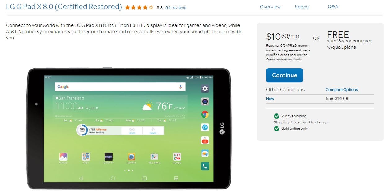 [Deal] Get Certified Restored LG G Pad X 8.0 inch for free from AT&T under 2 year contract on qualified plans