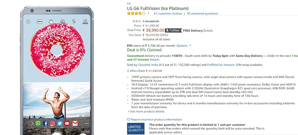 [Deal] LG G6 selling for just INR 38,990 in India [29% off]