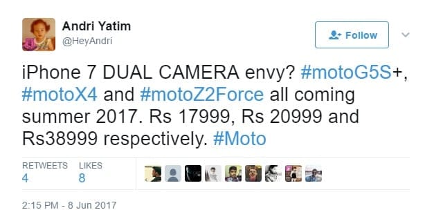 Moto G5S+, Moto X4, and Moto Z2 Force prices leaked for India