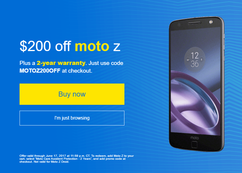 Get $200 off on Moto Z in USA with a promo code till June 17