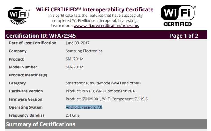 Samsung Galaxy J7 (2015) Nougat update certified at Wi-Fi Alliance